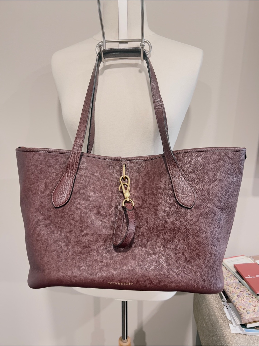 Burberry Plum/Burgundy Pebbled Leather Tote with Gold Hardware